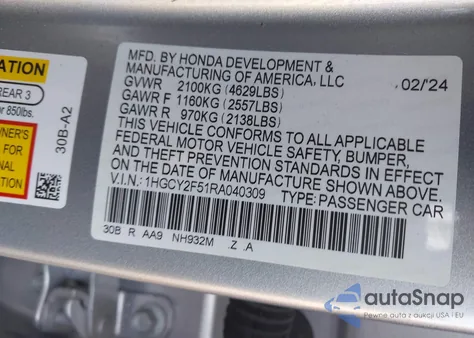2024 Honda Accord Hybrid Sport from USA, damaged, VIN 1HGCY2F51RA040309